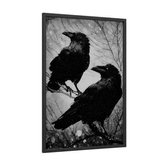 Winter Ravens Pair framed crows and ravens print — black wood frame — black and white palette