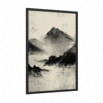 Misty Mountain Peaks framed art print — black wood frame — black and white and gray palette