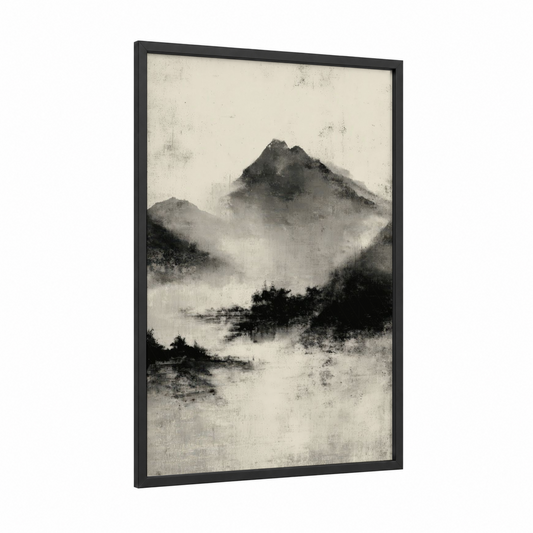 Misty Mountain Peaks framed art print — black wood frame — black and white and gray palette