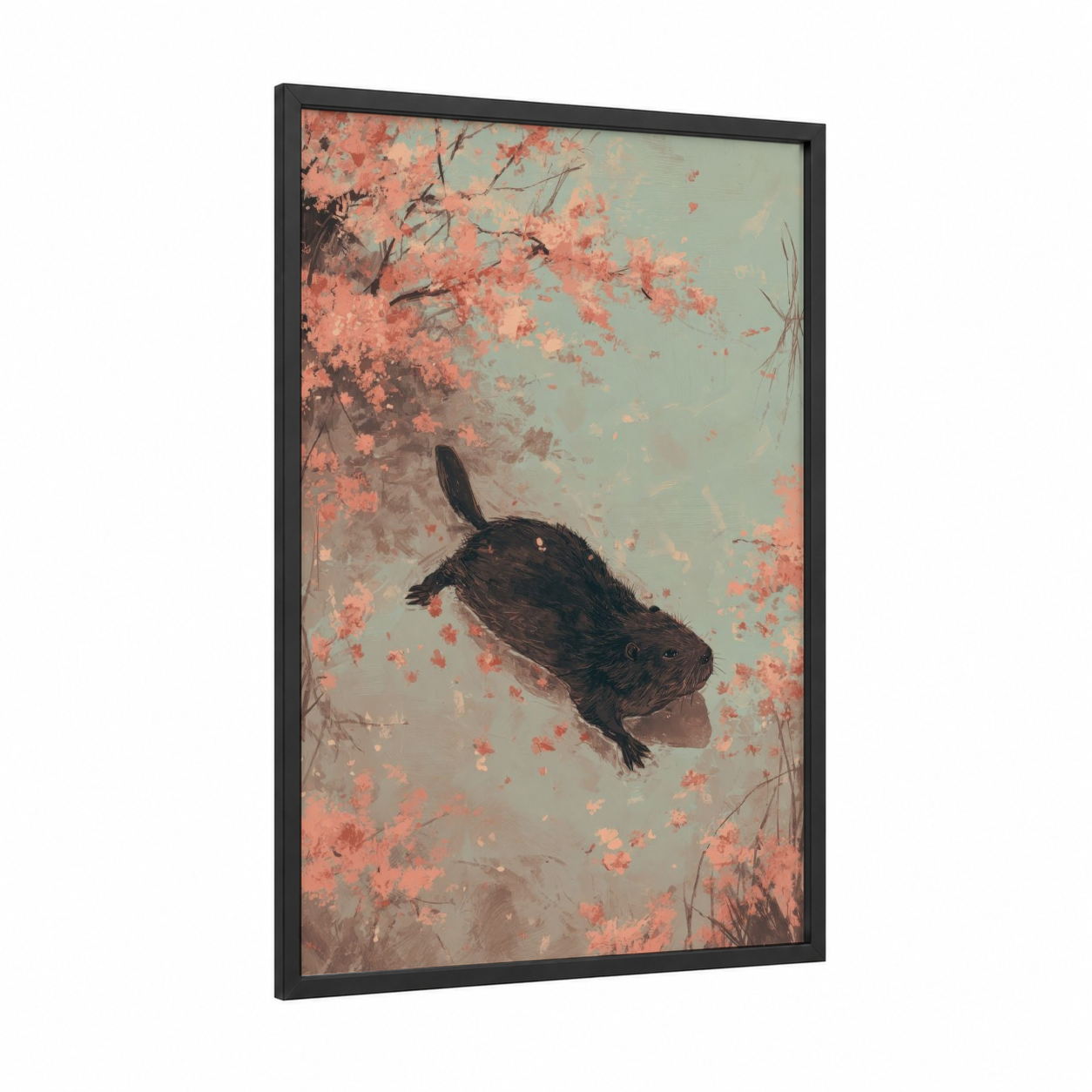 Autumn Beaver framed art print — black wood frame — salmon pink and sage green palette