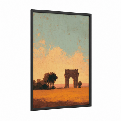 Desert Gate Sunset framed art print — black wood frame — gold and light green palette