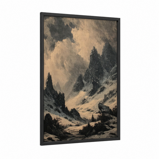 Alpine Solitude framed snowy mountains print — black wood frame — gray and cream palette