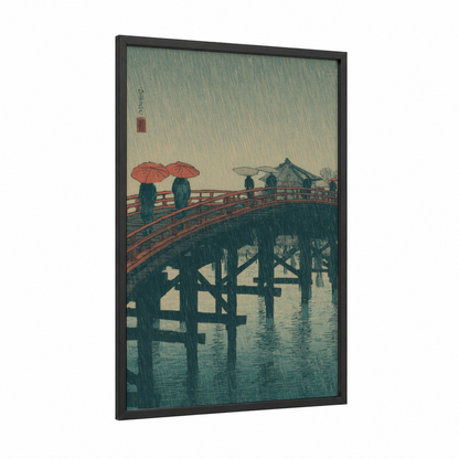 Rainy Bridge Crossing framed storm print — black wood frame — blue and white and red palette