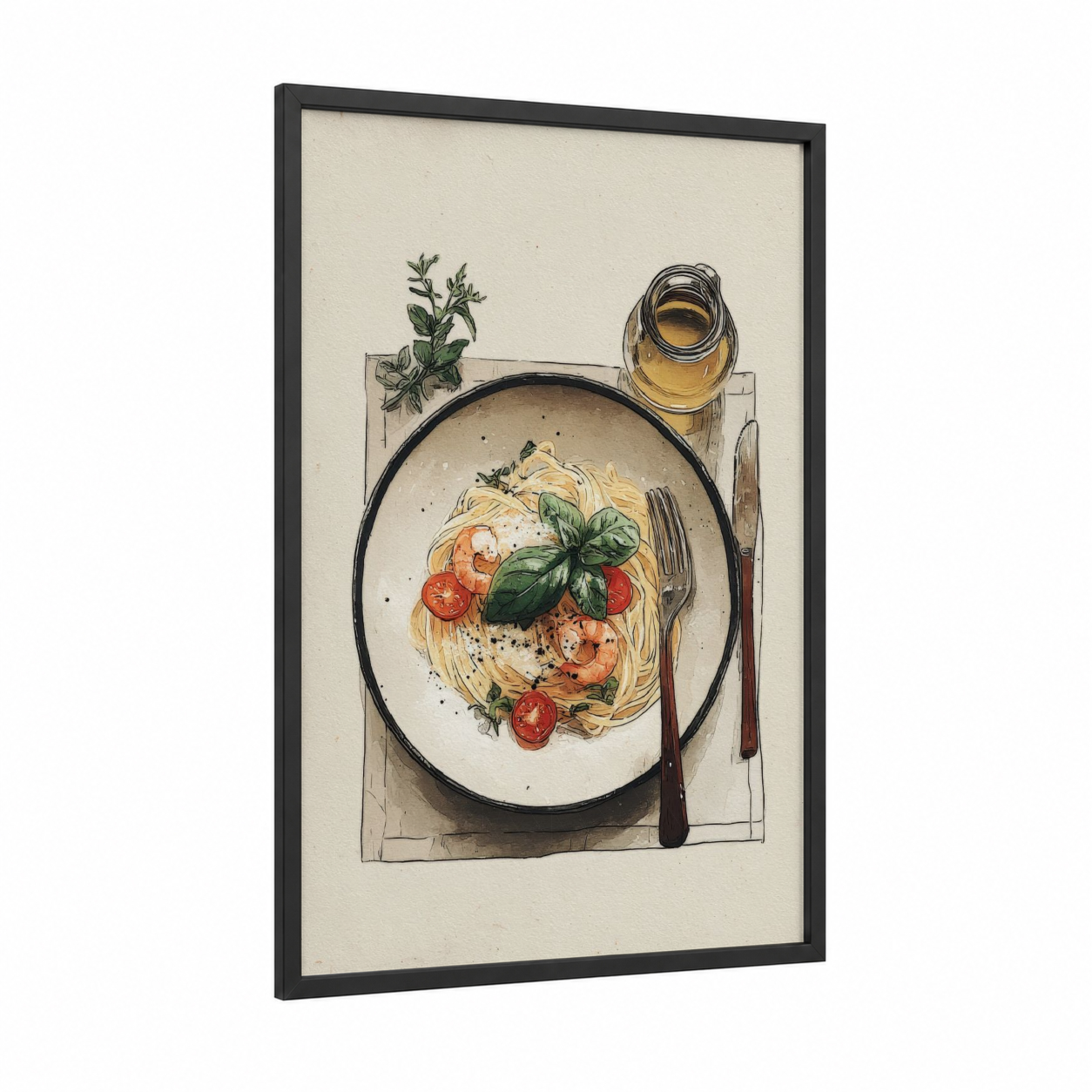 Tomato Basil Pasta framed art print — black wood frame — cream and gold palette
