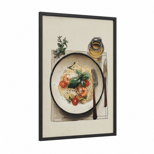Tomato Basil Pasta framed art print — black wood frame — cream and gold palette