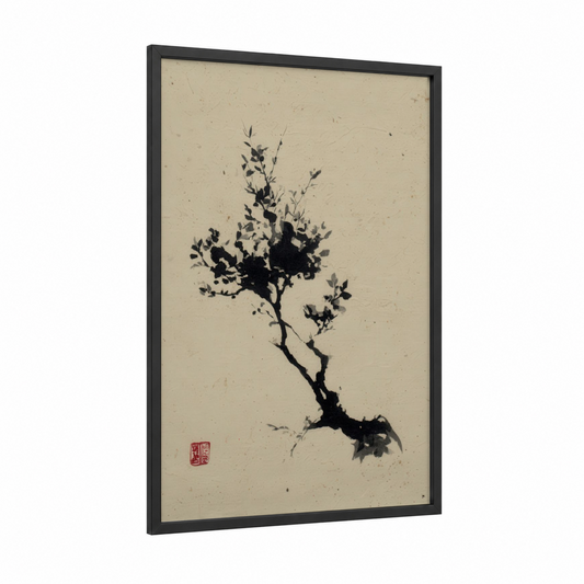 Minimalist Arbutus framed arbutus tree print — black wood frame — black and cream palette