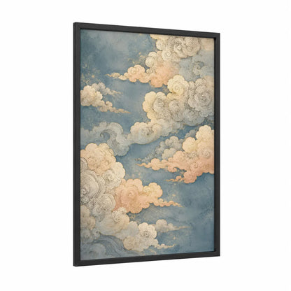 Japanese Cloud Sky Wall Art framed art print — black wood frame — blue and cream palette
