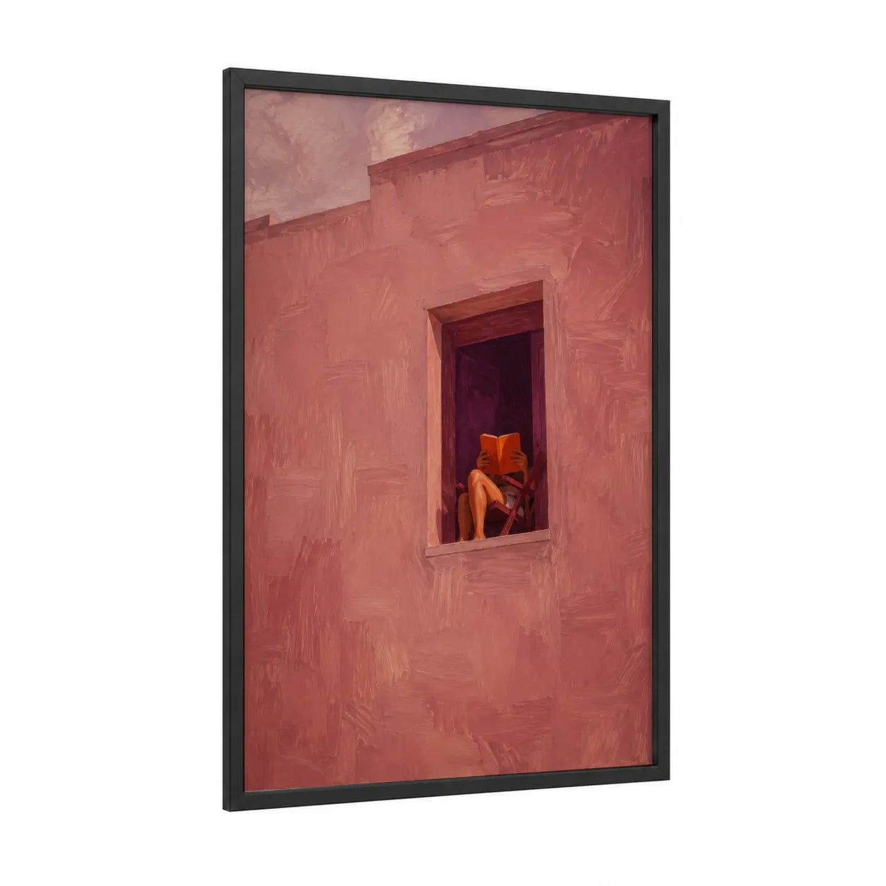 Pink Window Reading Moment Wall Art framed art print — black wood frame — salmon pink and peach palette