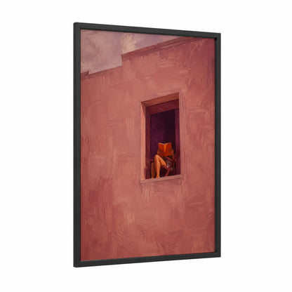Pink Window Reading Moment Wall Art framed art print — black wood frame — salmon pink and peach palette