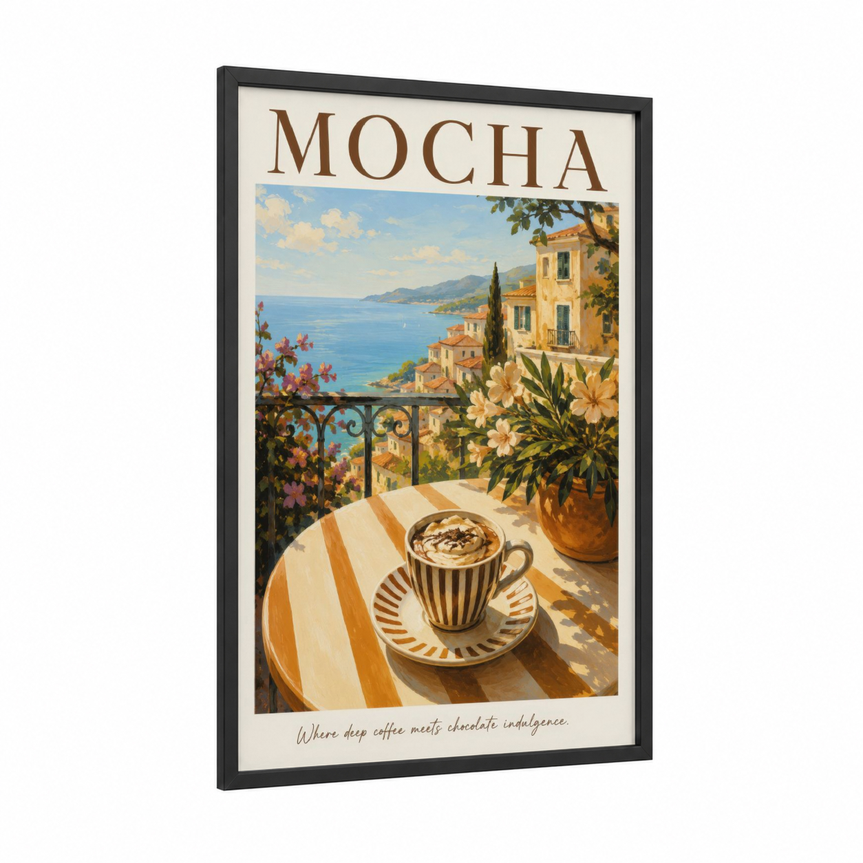 Mediterranean Coffee Balcony Coastal Wall Art framed art print — black wood frame — beige and blue palette