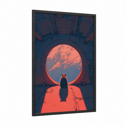 Cosmic Guinea Pig framed art print — black wood frame — orange and blue palette