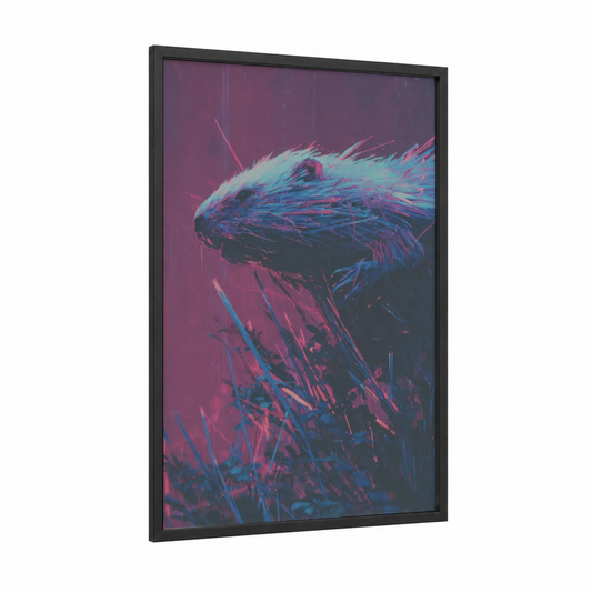 Neon Beaver framed art print — black wood frame — magenta and teal palette