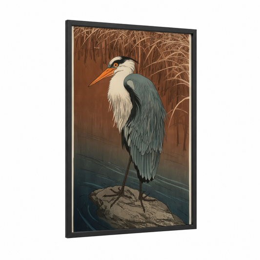 Marshland Heron framed art print — black wood frame — blue and cream palette
