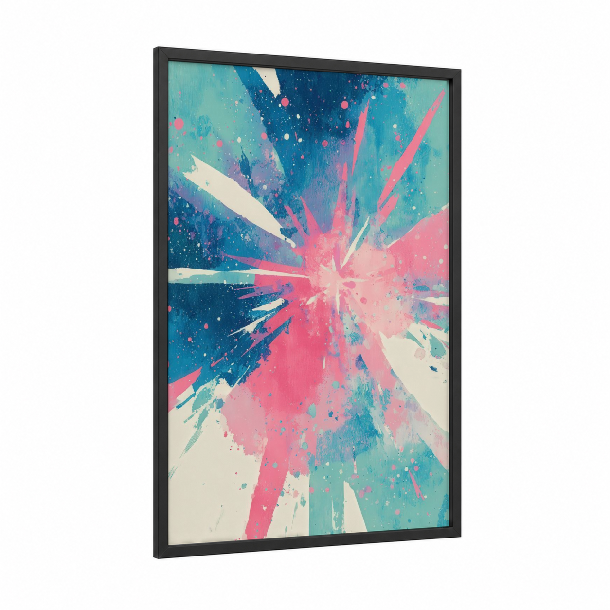 Cosmic Burst Star framed art print — black wood frame — turquoise and magenta palette