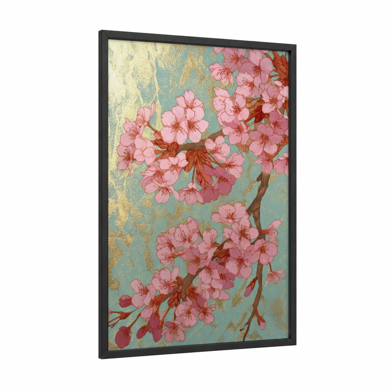 Blush Cherry Blossoms framed art print — black wood frame — gold and teal palette
