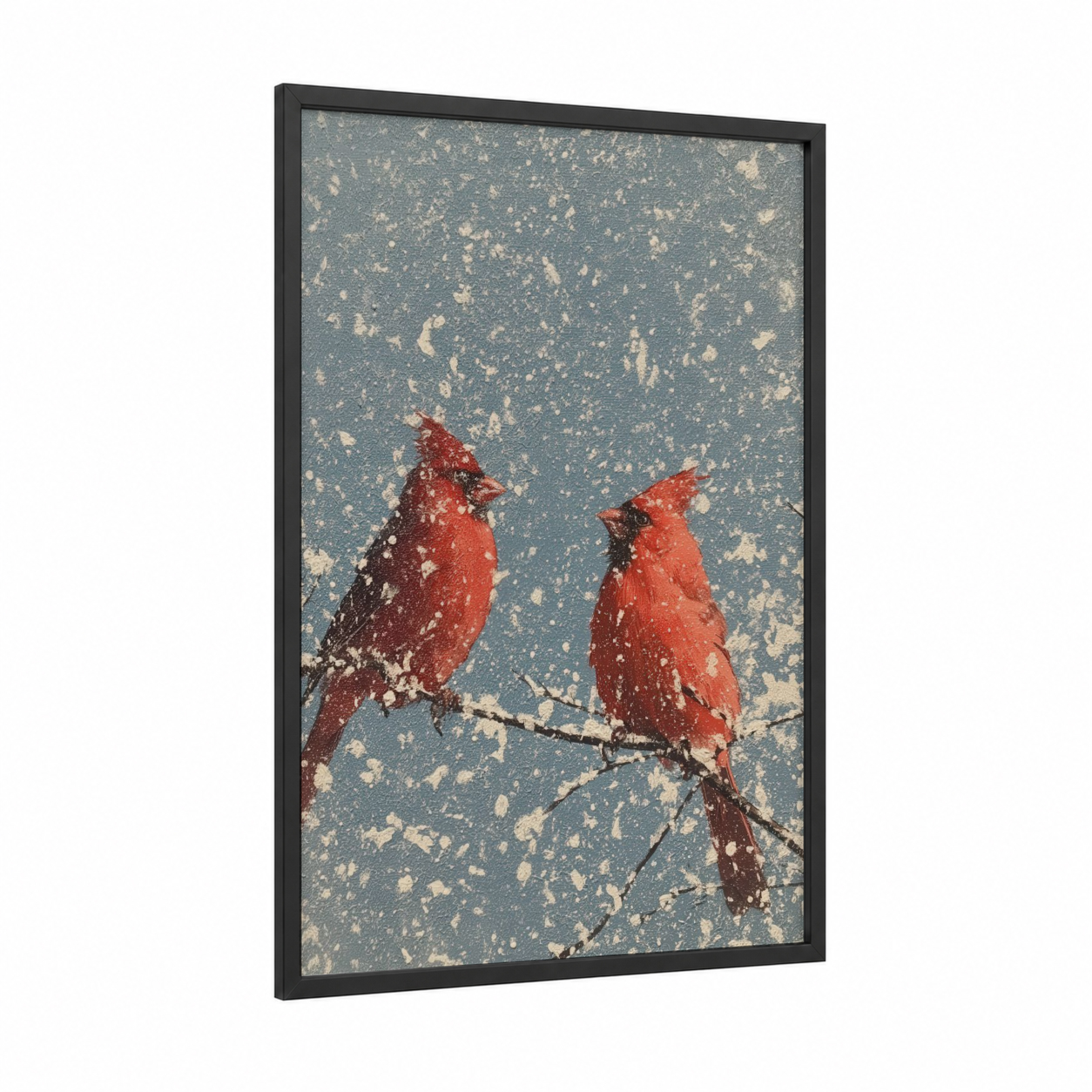 Snowy Cardinals framed art print — black wood frame — red and blue and white palette