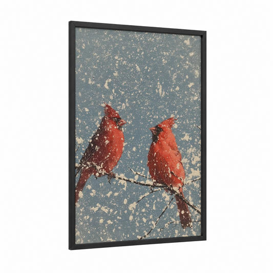 Snowy Cardinals framed art print — black wood frame — red and blue and white palette