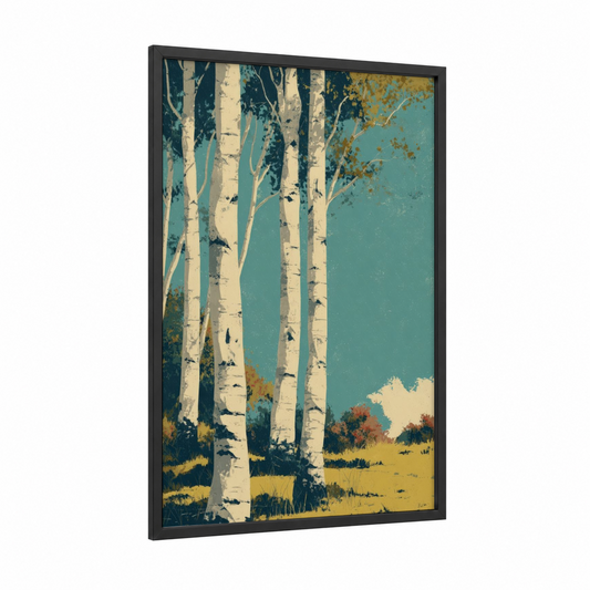 Birch Forest Serenity framed birch tree print — black wood frame — teal and mustard palette