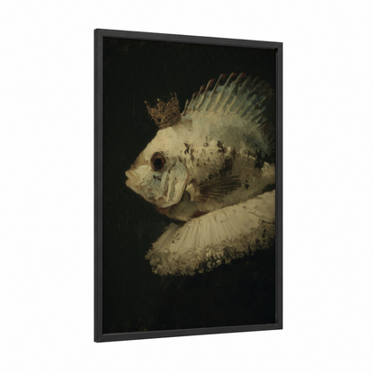 Crowned Discus Fish framed art print — black wood frame — black and champagne gold palette