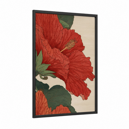 Crimson Hibiscus Study framed art print — black wood frame — red and dark green palette
