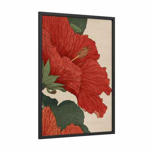 Crimson Hibiscus Study framed art print — black wood frame — red and dark green palette