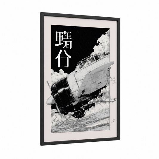 Nostalgic Sky Wreck framed vintage airplane print — black wood frame — black and white palette