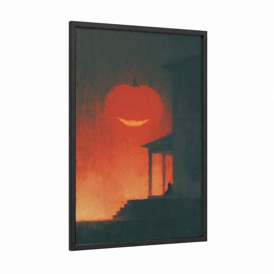 Glowing Pumpkin Head framed halloween print — black wood frame — red and dove gray palette