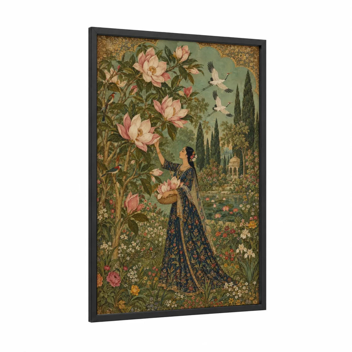 Woman With Magnolia Blossoms Garden Wall Art framed art print — black wood frame — sage green and gold palette