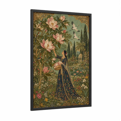 Woman With Magnolia Blossoms Garden Wall Art framed art print — black wood frame — sage green and gold palette