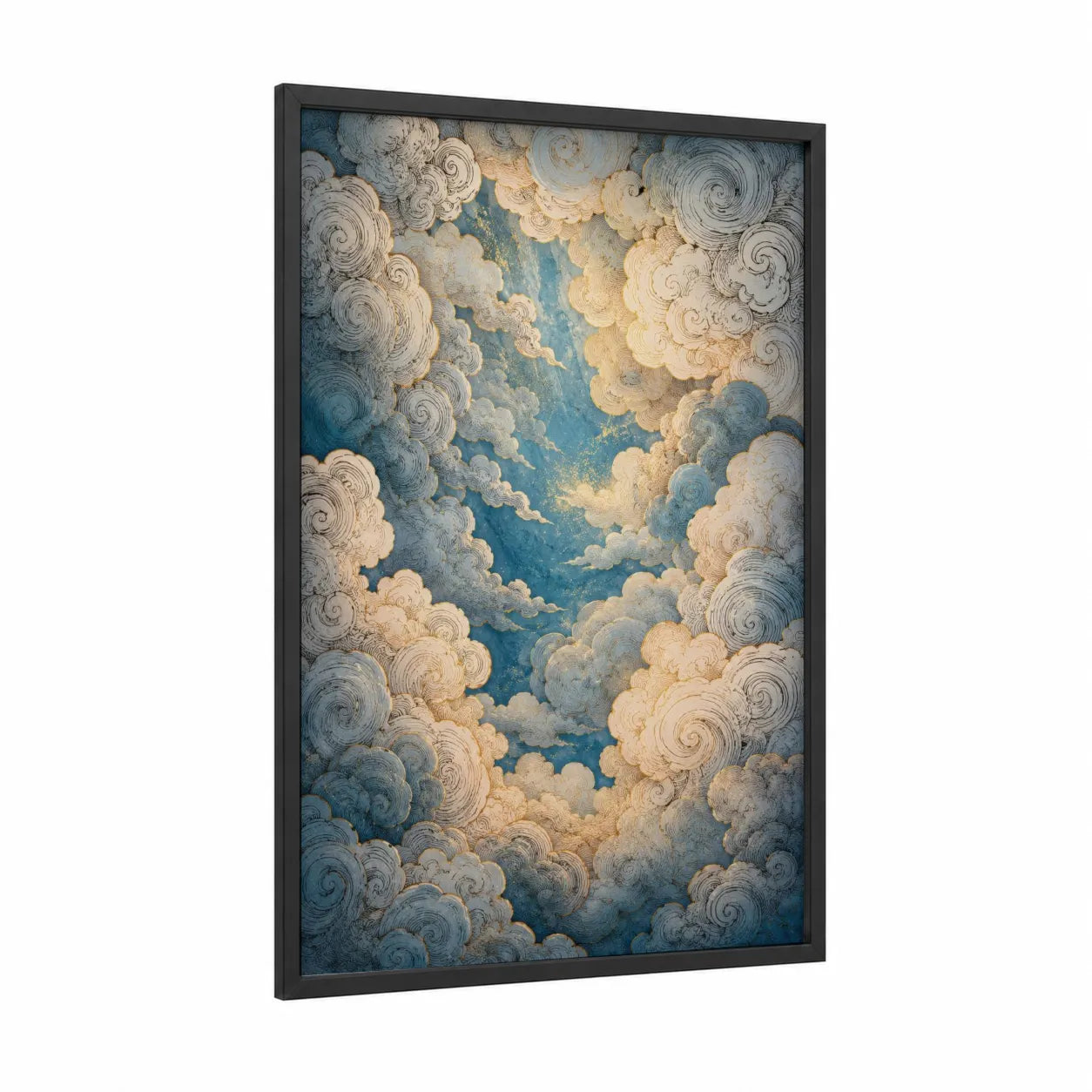Ornate Celestial Clouds Sky Wall Art framed abstract traditional print — black wood frame — blue and cream palette