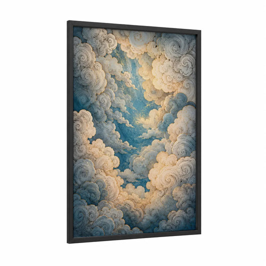 Ornate Celestial Clouds Sky Wall Art framed abstract traditional print — black wood frame — blue and cream palette