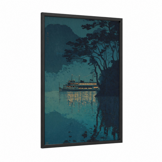 Twilight Cruise framed cruise ship print — black wood frame — teal and gold palette