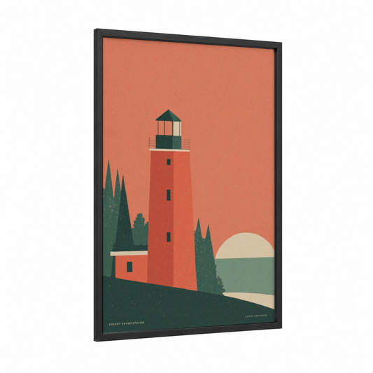 Coastal Lighthouse framed art print — black wood frame — orange and dark green palette