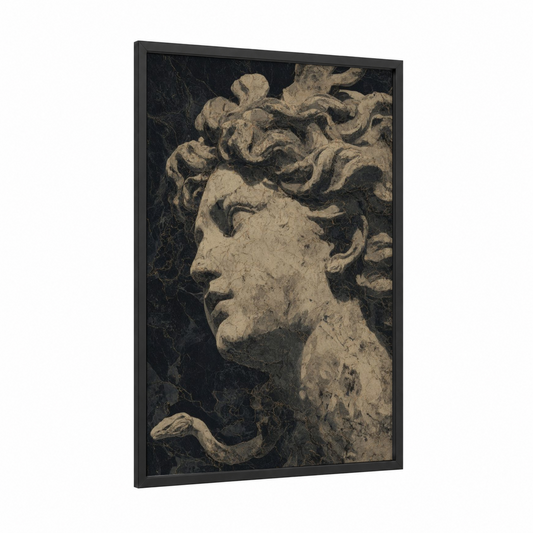 Classical Medusa framed art print — black wood frame — black and white and cream palette