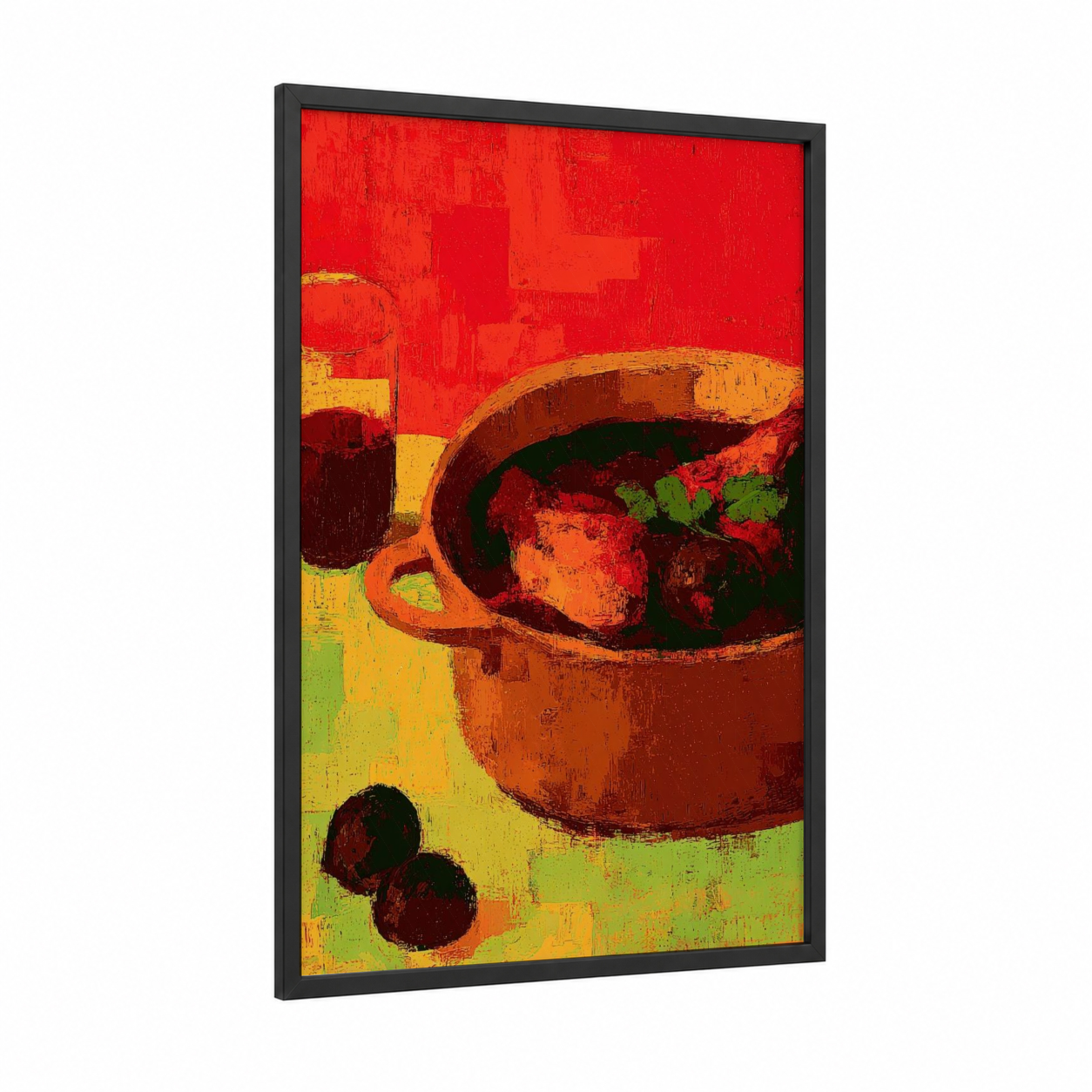 Rustic Poultry Pot framed art print — black wood frame — red and gold palette