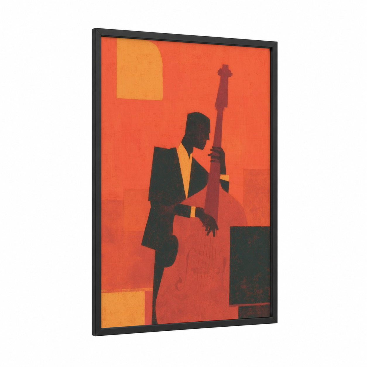 Silhouette Bassist framed bass guitar print — black wood frame — orange and gold palette