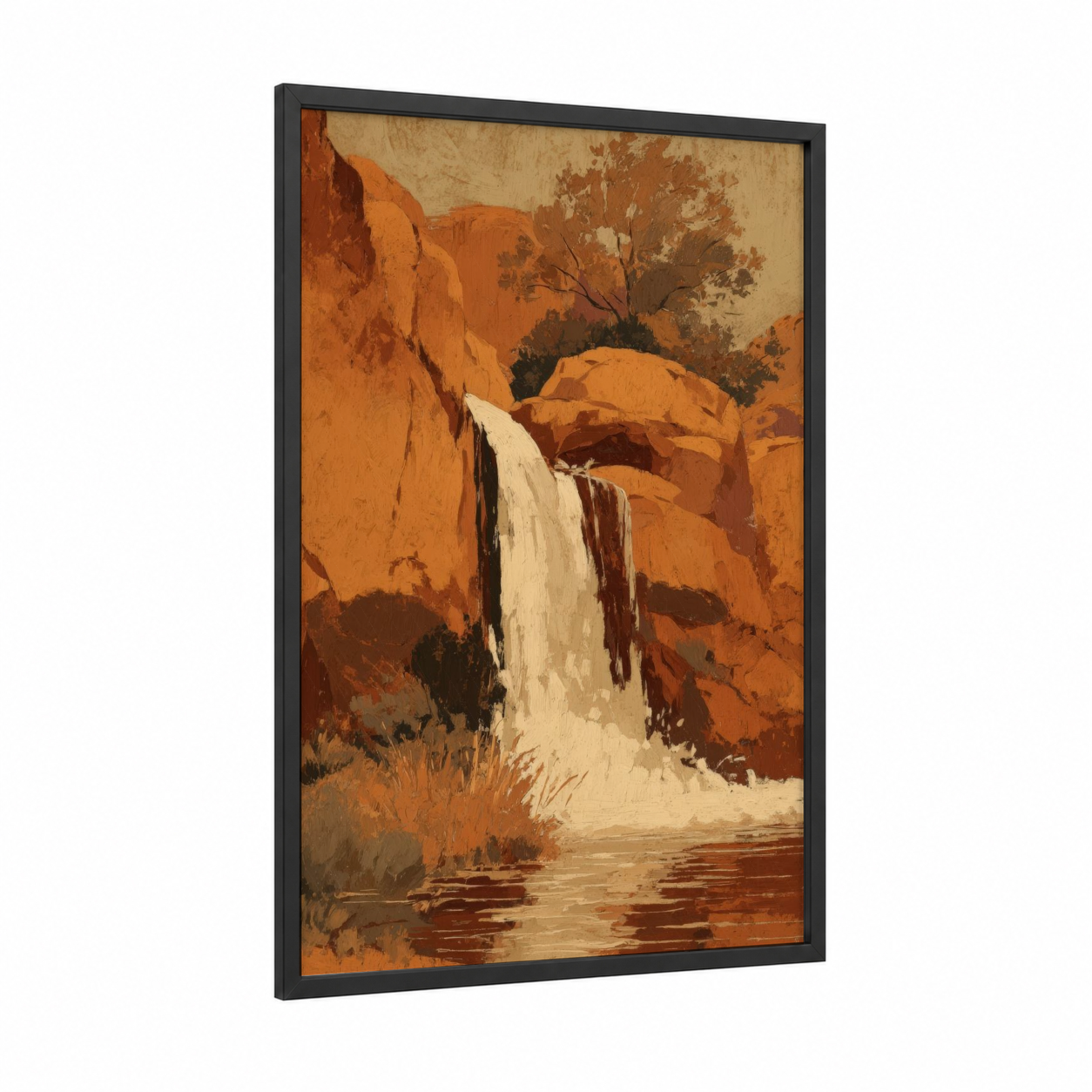 Desert Waterfall framed art print — black wood frame — russet and cream palette