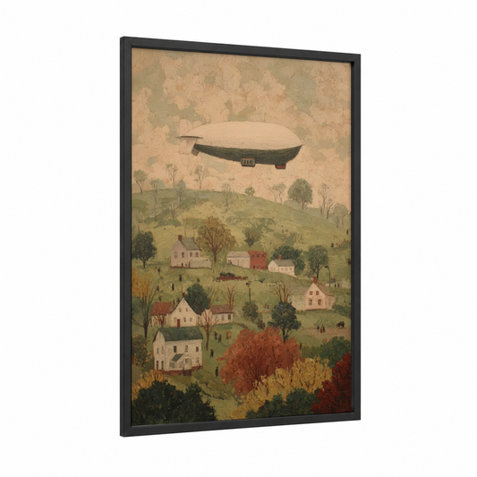 Pastoral Airship framed art print — black wood frame — beige and true green palette