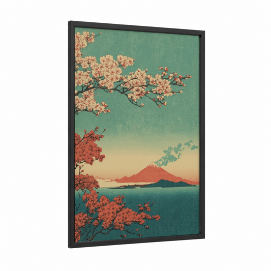 Cherry Blossom Volcano framed art print — black wood frame — teal and salmon pink palette