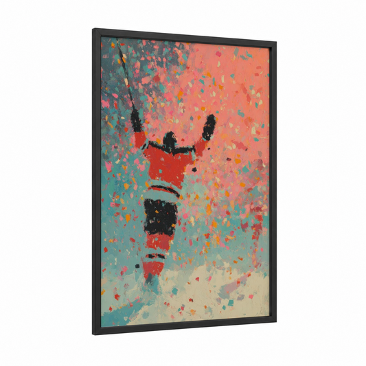 Triumphant Hockey Player framed ice hockey print — black wood frame — pink and teal palette