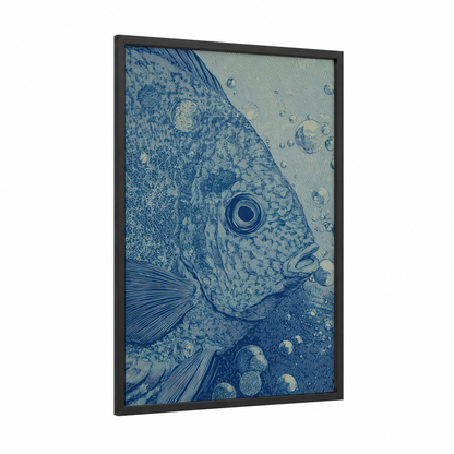 Ornate Discus Fish framed art print — black wood frame — blue and blue and white palette