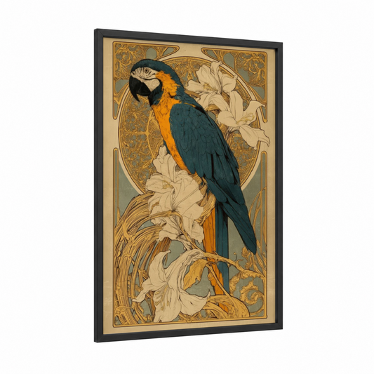 Blue Macaw Blooms framed safari parrots print — black wood frame — gold and teal palette