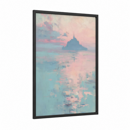 Ethereal Mont Saint-Michel framed art print — black wood frame — blue and cream palette