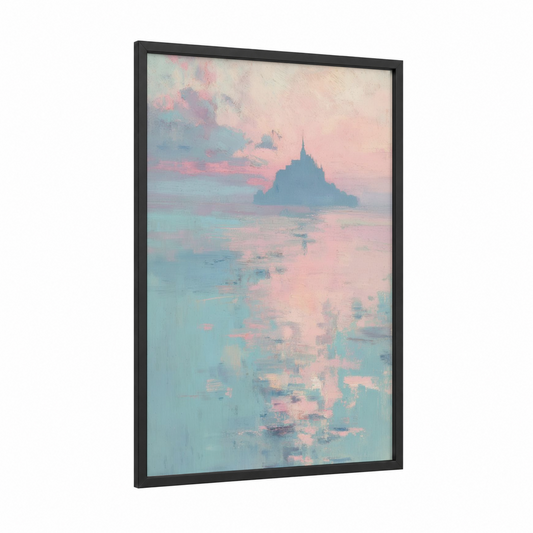 Ethereal Mont Saint-Michel framed art print — black wood frame — blue and cream palette