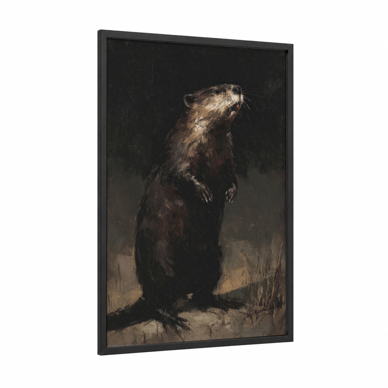 Upright Beaver framed art print — black wood frame — brown and black palette
