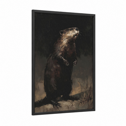 Upright Beaver framed art print — black wood frame — brown and black palette