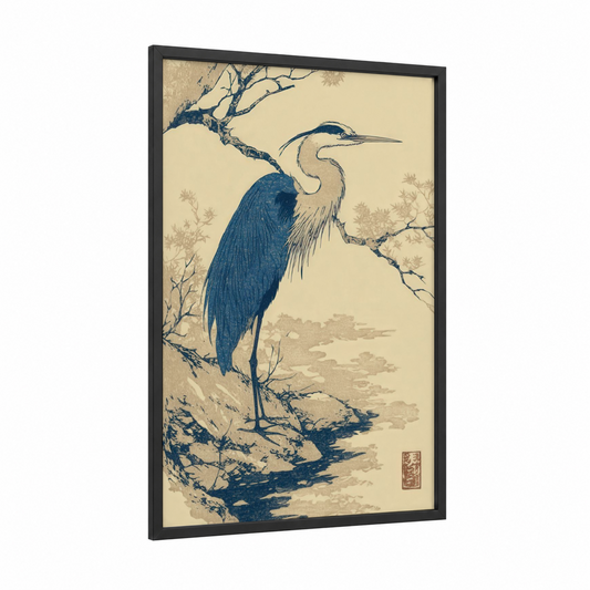 Heron Blue Ridge framed blue ridge mountains print — black wood frame — blue and cream palette