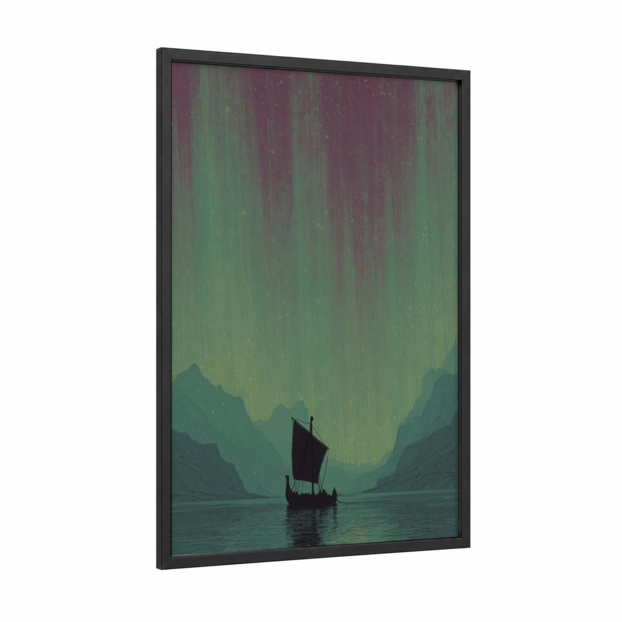 Aurora Sailing Ship framed art print — black wood frame — blue and green and maroon palette