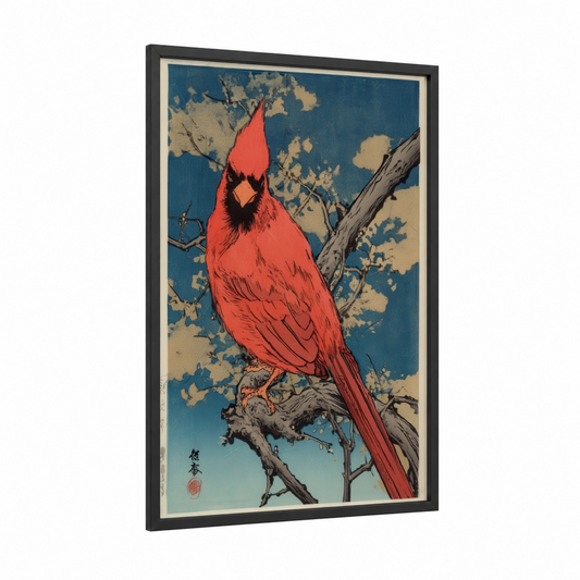 Crimson Cardinal Branch framed art print — black wood frame — red and dark blue palette