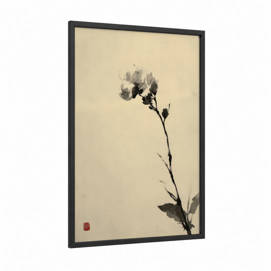 Delicate Violet Bloom framed violets print — black wood frame — black and white and cream palette